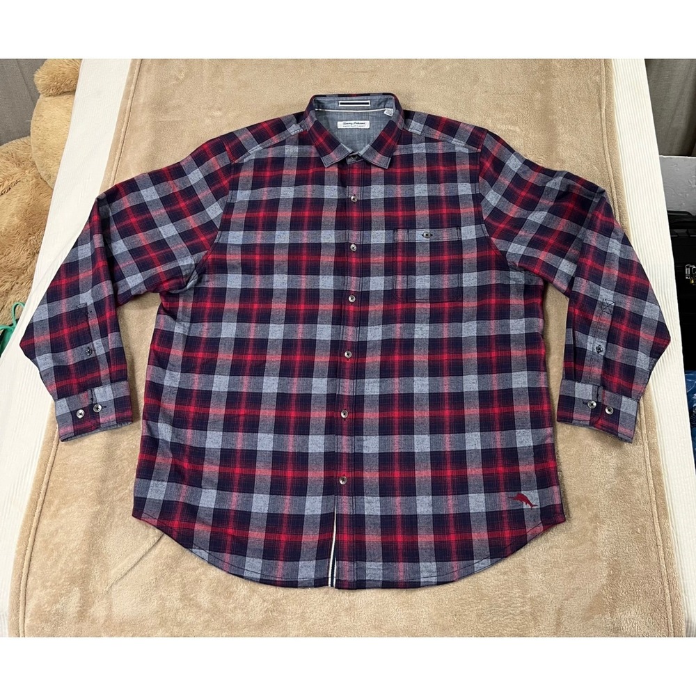 Tommy Bahama Canyon Beach Flannel Shirt Men's 2XL Red Navy Plaid Long Sleeve EUC